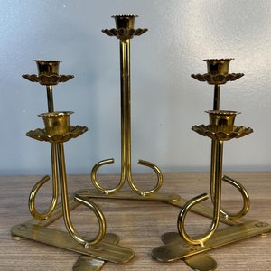 Vintage Accordion Folding Gold Brass Candlestick Holder Metal Poseable Five Tulip Ornate Candleholder French Antique Centerpiece Mantel