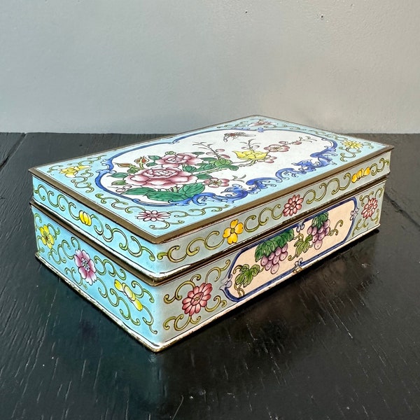 Vintage Ceramic Enamel Floral Gold Brass Ornate Trinket Jewelry Storage Box Rectangle Antique Gilt Victorian Incense Hand painted Cloisonne