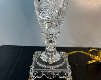 Vintage Large Footed Heavy Cut Crystal Lamp Glass Fluted Frosted Light Accent Table Antique Striping Pendant Star Waterford