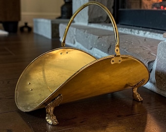 Vintage Brass Fireplace Log Holder with Claw Feet | Hollywood Regency Firewood Carrier | Mid Century Hearth Decor | Brass Wood Basket