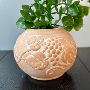 Vintage Terracotta Sphere Vase Planter Detail Beautiful Vines Grapes Display Indoor Outdoor Mediterranean Porch Decor Pot Plant