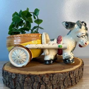 Vintage Donkey Horse Planter Pot Ceramic Display Décor Retro Knickknack Folk Art Kitschy Animal Figurine Wagon Hand Painted Cart MCM Antique