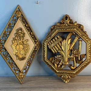 Vintage Set Music Musical Instruments Mid Century Victorian Syroco Floral Wall Art Hanging Framed Gold Ornate Picture Hollywood Regency