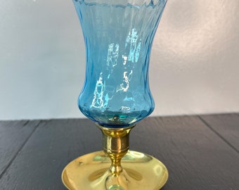 Vintage Round Brass Candle Holder Fluted Blue Cobalt Glass Gold Candleholder Fairy Lamp Tea Light Romanic Edwardian Gothic