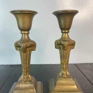 Antique Vintage 8&quot; Brass Gold Cast Metal iron Candle Stick Holders Set Pair Gilt Ram Goat Head Gothic Hollywood Regency Leaf Scroll Gothic