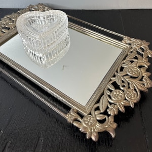 Vintage Silver Botanical Floral Metal Art Deco Hollywood Regency Glass Mirror Dresser Vanity Perfume Tray Jewelry Dresser Edwardian