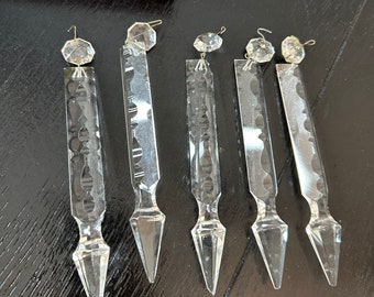 Antique 7" Vintage Five 5 Lot Set Diamond Cut 3 sided Chandelier Prisms Spears Prisms Cut Glass Crystals Hanging Ornament Replacement Light