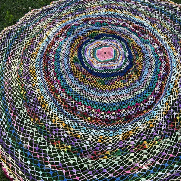 Vintage 60' Hand Made Round Weaved Knit Rainbow Colorful Tablecloth Table Cover Fortune Teller Crochet Loop Tie Dye Artisan Retro Spider Web