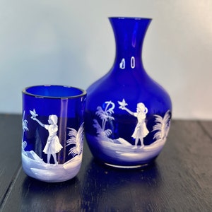 Vintage Cobalt Blue Fenton Glass Decanter Pitcher Cup Tumbler Mary Gregory Hand painted Bedside