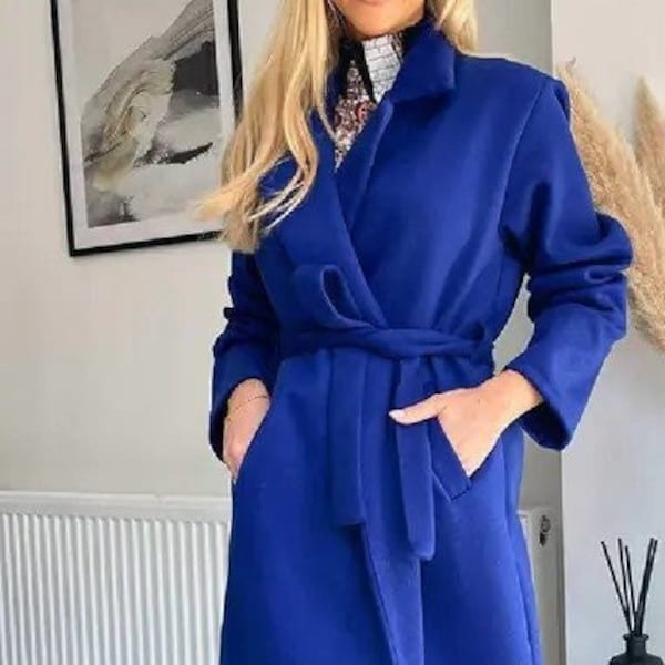 Vintage Pendleton Bright Blue 100% Virgin Wool Belted Belt Peacoat Coat Jacket Swing 1960s Retro Womens Woven MOD Small Size 6