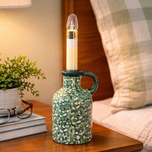Vintage Green Beige Spongeware Pottery Lamp Jug Style Ceramic Accent Light Cottage Decor Nightlight Candlestick Bedside