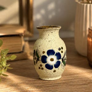 Vintage Hand Painted Stoneware Bud Vase | Blue Floral Mini Vase Rustic Cottagecore Pottery Farmhouse Decor | Small Flower Mexico Tonala