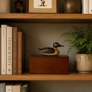 May include: Wooden bookshelf with various decorative items. Includes a framed artwork, a ceramic vase, a wooden duck figurine, a wooden box, a wooden bowl, and potted plants. Books line the shelves.