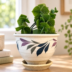 May include: A ceramic planter with a speckled off-white finish and a matching saucer. The exterior features a hand-painted vine motif with dark blue, grey, and purple leaves encircling the rim. A green leafy plant is potted inside the vessel.