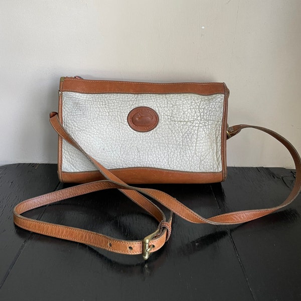 Vintage Dooney & Bourke Doctor bag Beige Brown Peddled Leather Large Equestrian Bag Purse Crossbody Messenger Sling Box Brass Gold Hardware