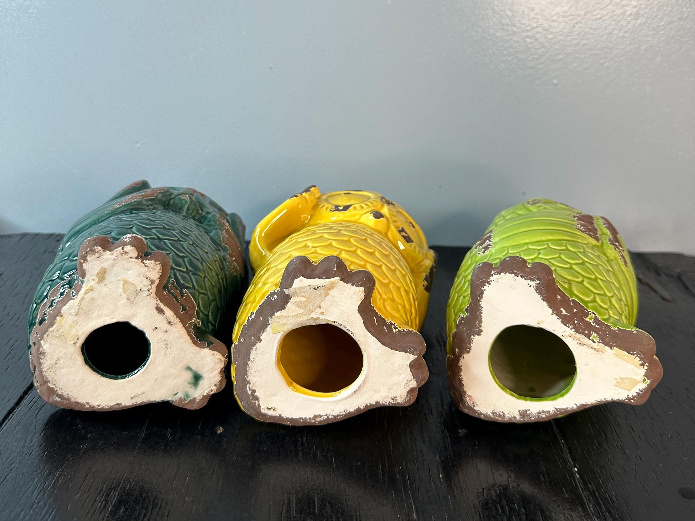 Vintage Owl Three Wise Yellow Green Glazed Ceramic Storage Decor