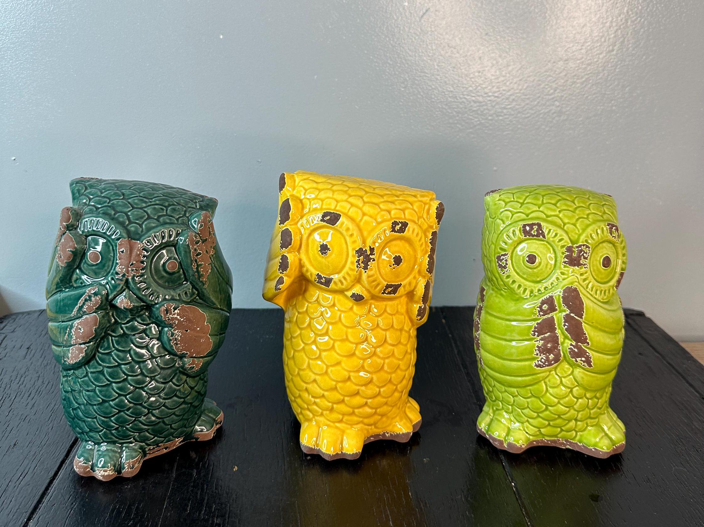 Vintage Owl Three Wise Yellow Green Glazed Ceramic Storage Decor