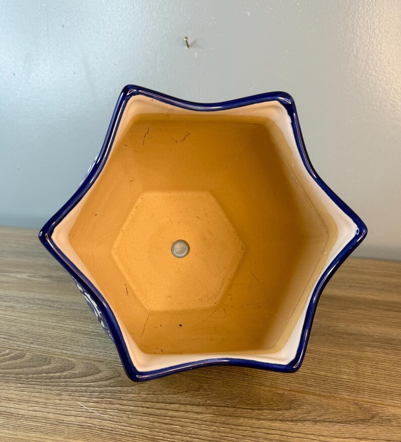 Puede incluir: Una maceta de cer&aacute;mica en forma de estrella con borde azul e interior blanco. La maceta tiene un color terracota natural en el interior y un orificio de drenaje en la parte inferior. Dise&ntilde;ada para uso en interiores o exteriores.