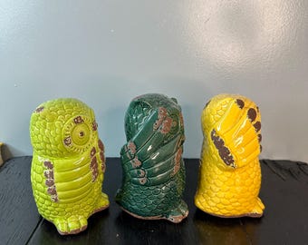 Vintage Owl Three Wise Yellow Green Glazed Ceramic Storage Decor