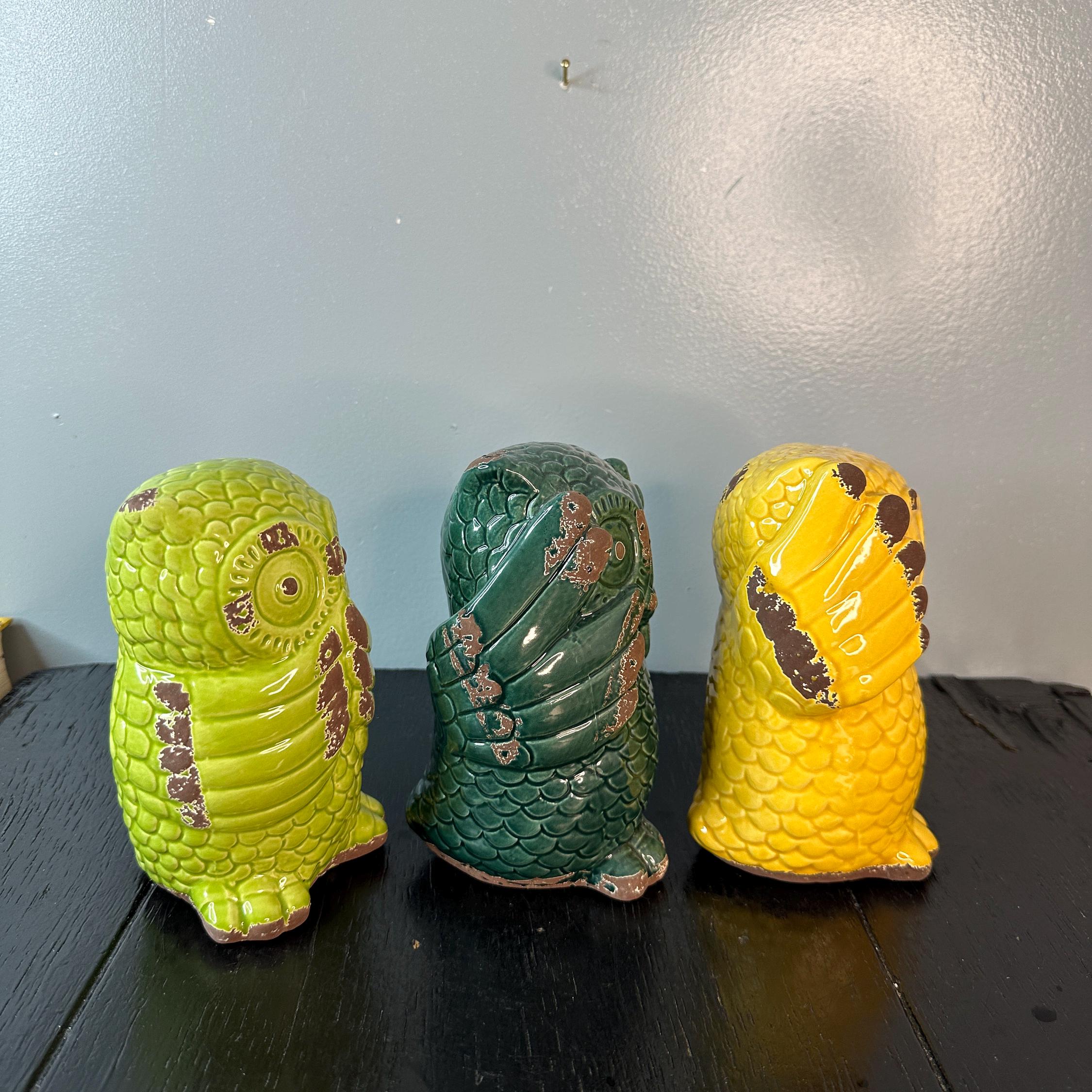 Vintage Owl Three Wise Yellow Green Glazed Ceramic Storage Decor