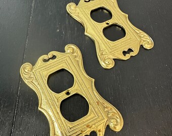 Vintage Ornate Solid Brass Pair Set Two Gold Metal Light Switch Socket Cover Plate Flowers Floral Antique Retro