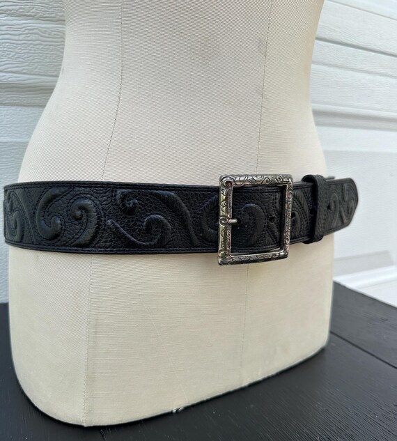 Vintage Black Leather Brighton Tooled Silver Buckle Pressed  display picture 3
