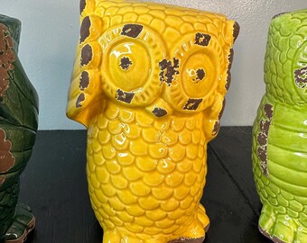 Vintage Owl Three Wise Yellow Green Glazed Ceramic Storage Decor