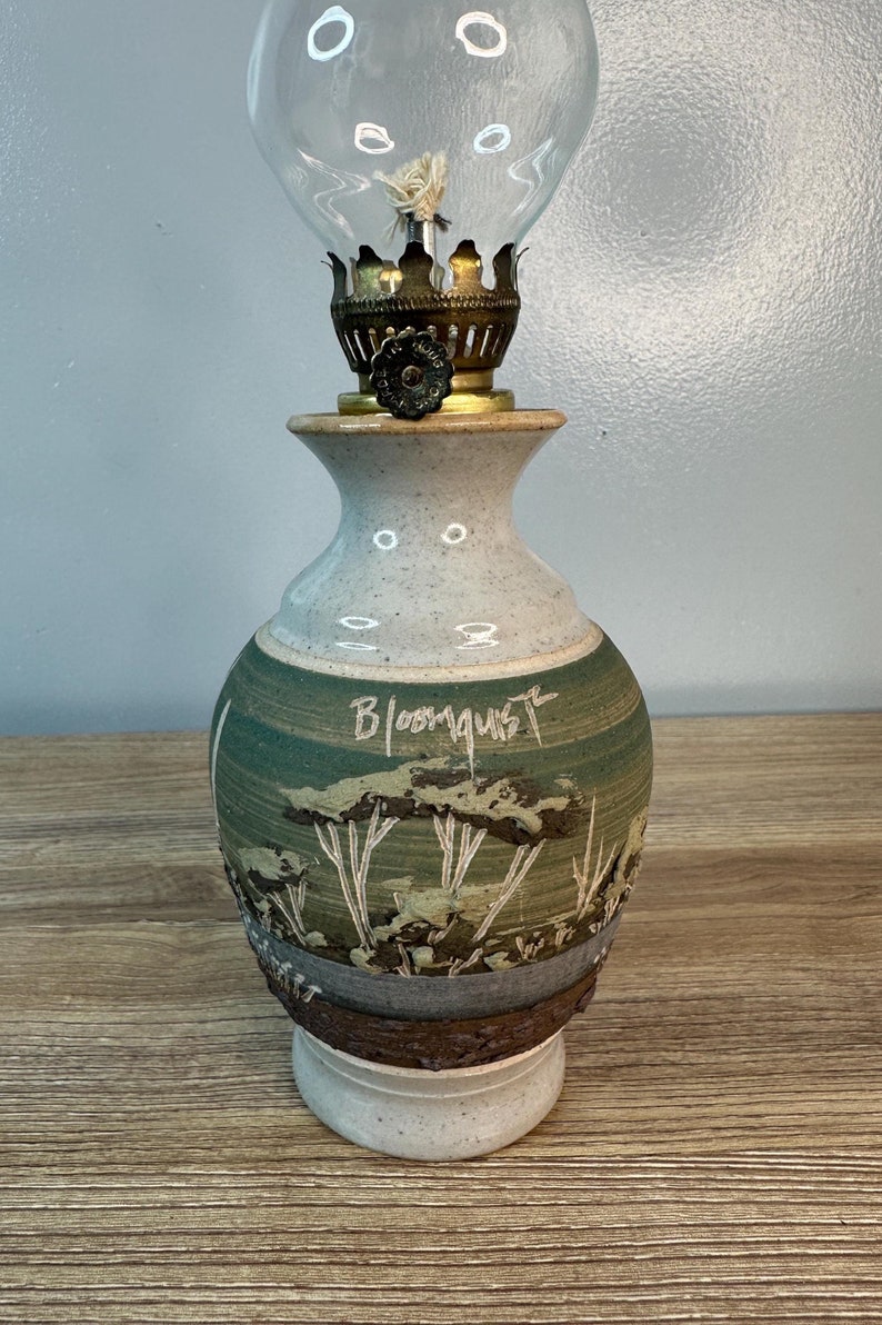Vintage John Bloomquist Pottery Botanical Oil Lamp Light Kerosine