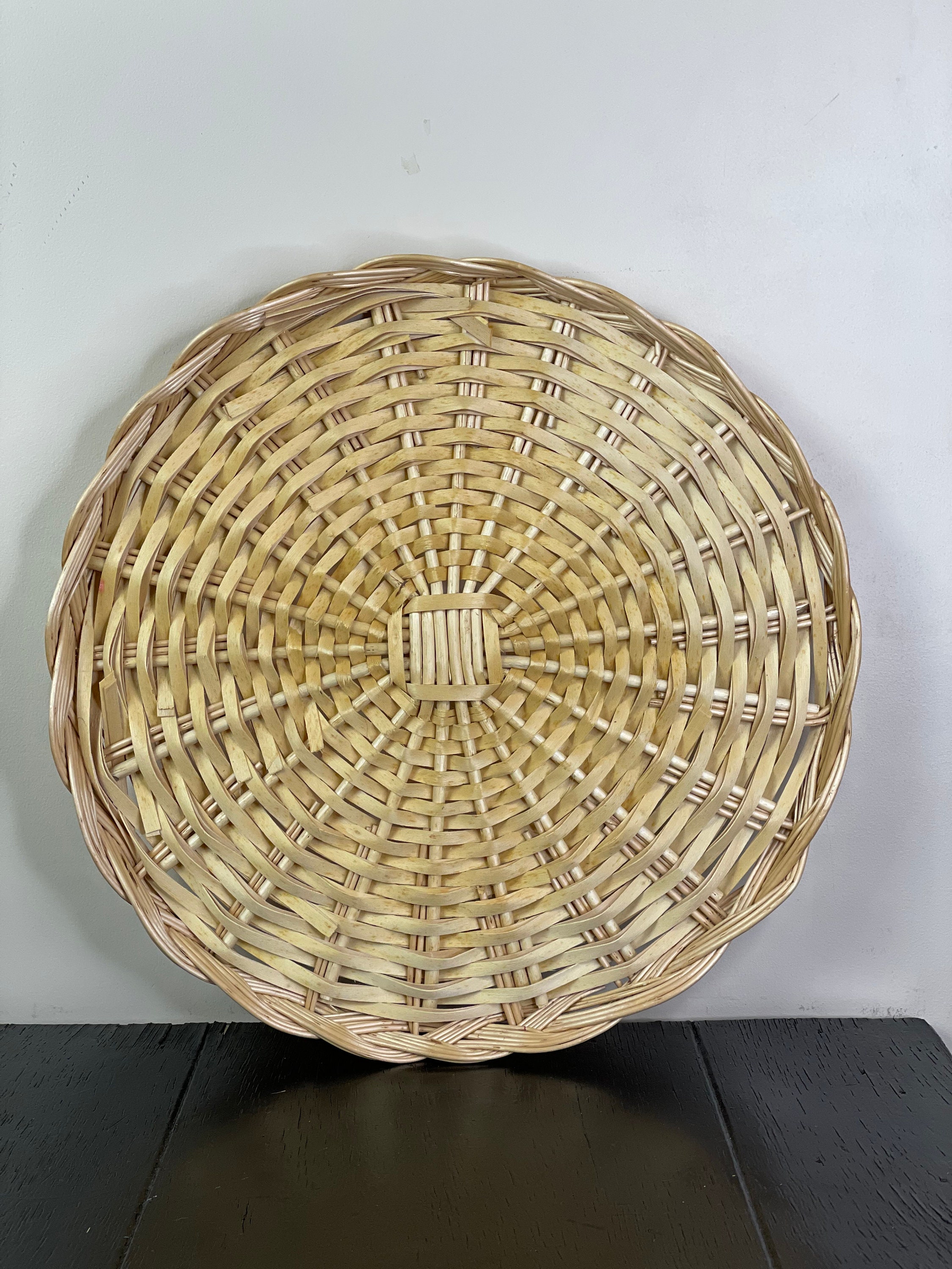 Vintage Woven Bamboo Serving Tray Wicker Detail Wood Platter Etsy