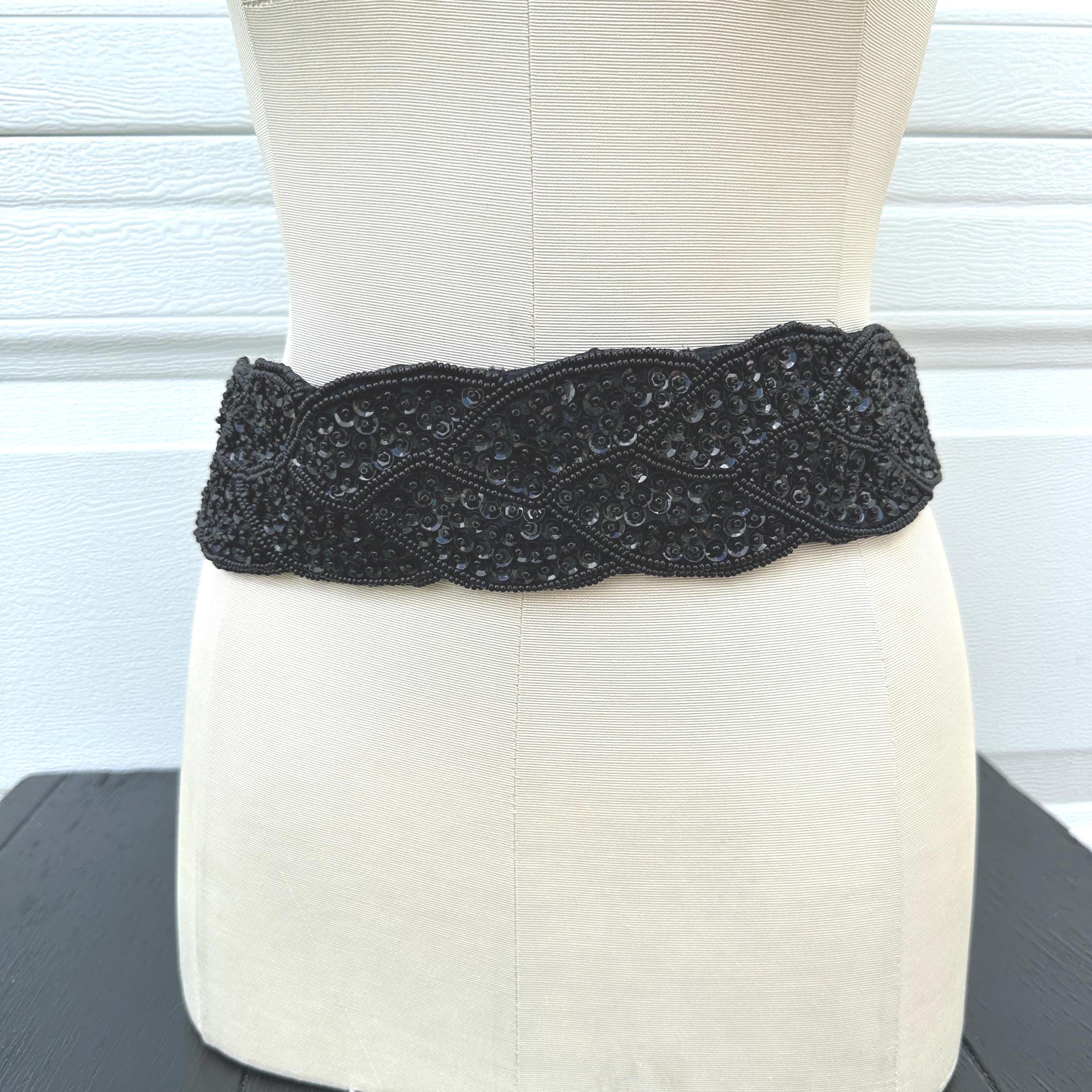 Vintage Beaded Bead Belt Elastic Embroidered Black Satin 