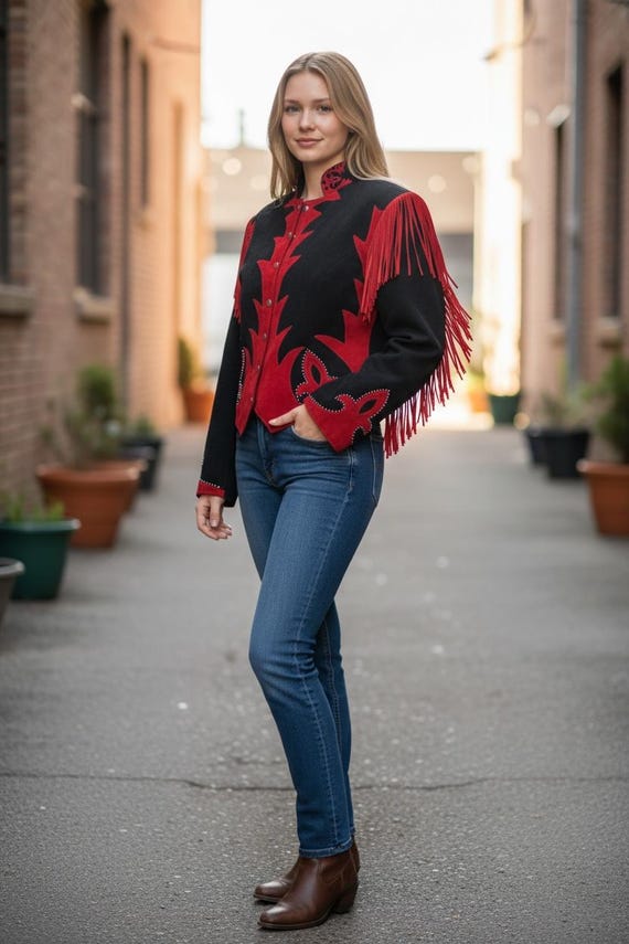 RARE Vintage Diamonds Leather Western Suede Jacket Coat Tassels Fringe Red Black Corduroy Rivets Silver 6 Small Gypsy Cowboy