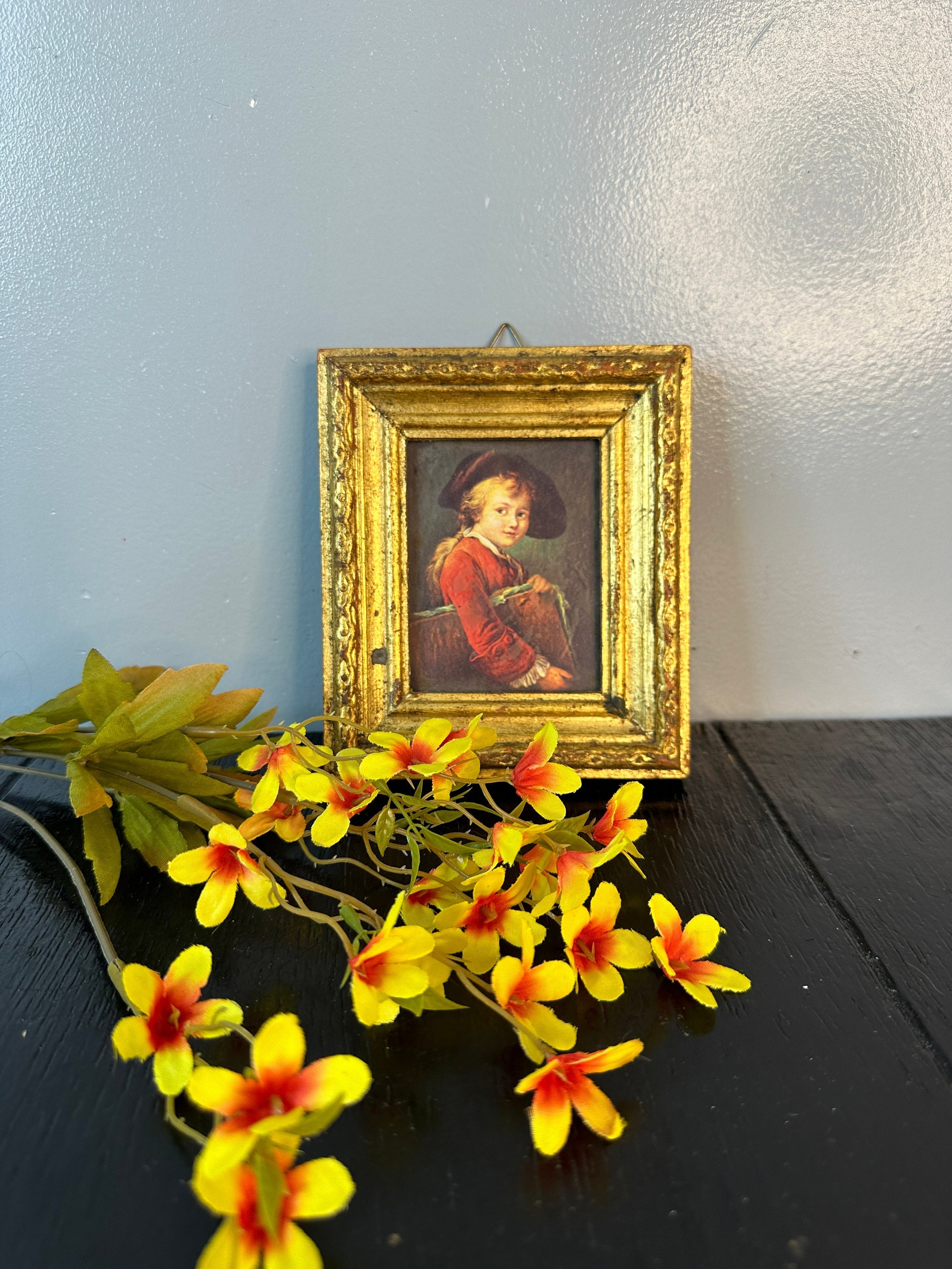 Antique Child Boy Cameo Glass Portrait Balsa Wood Metallic Gold Gilt Italian Italy Florentine Vintage Wall Hanging Hand Painted