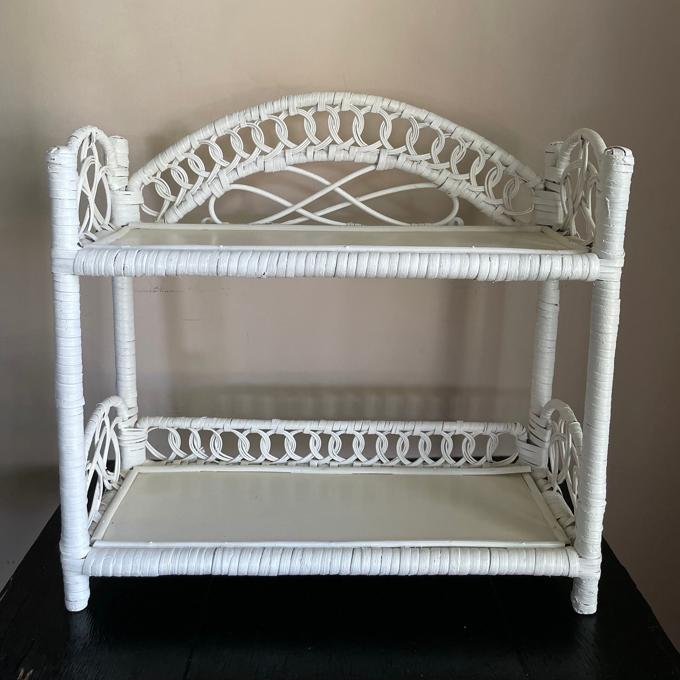 Vintage White Rattan Wicker Mid Century Modern Wood Shelf Etsy