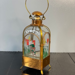 Vintage Brass glass Scandinavian Liquor Bottle Decanter Barware Bar Musical Music Windup Hand Painted Flowers Handle Antique Copper