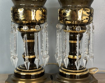 Antique Bohemia Smokey Glass Victorian Gilt Gold Mantel Lusters