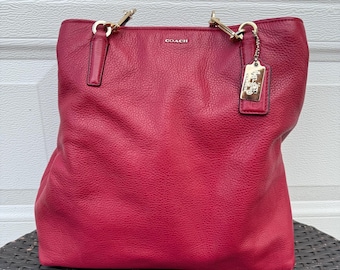 Coach Madison North South Tote Deep Scarlett Red Pebbled Leather