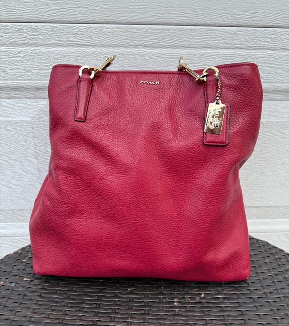 Coach Madison North South Tote Deep Scarlett Red Pebbled Leather