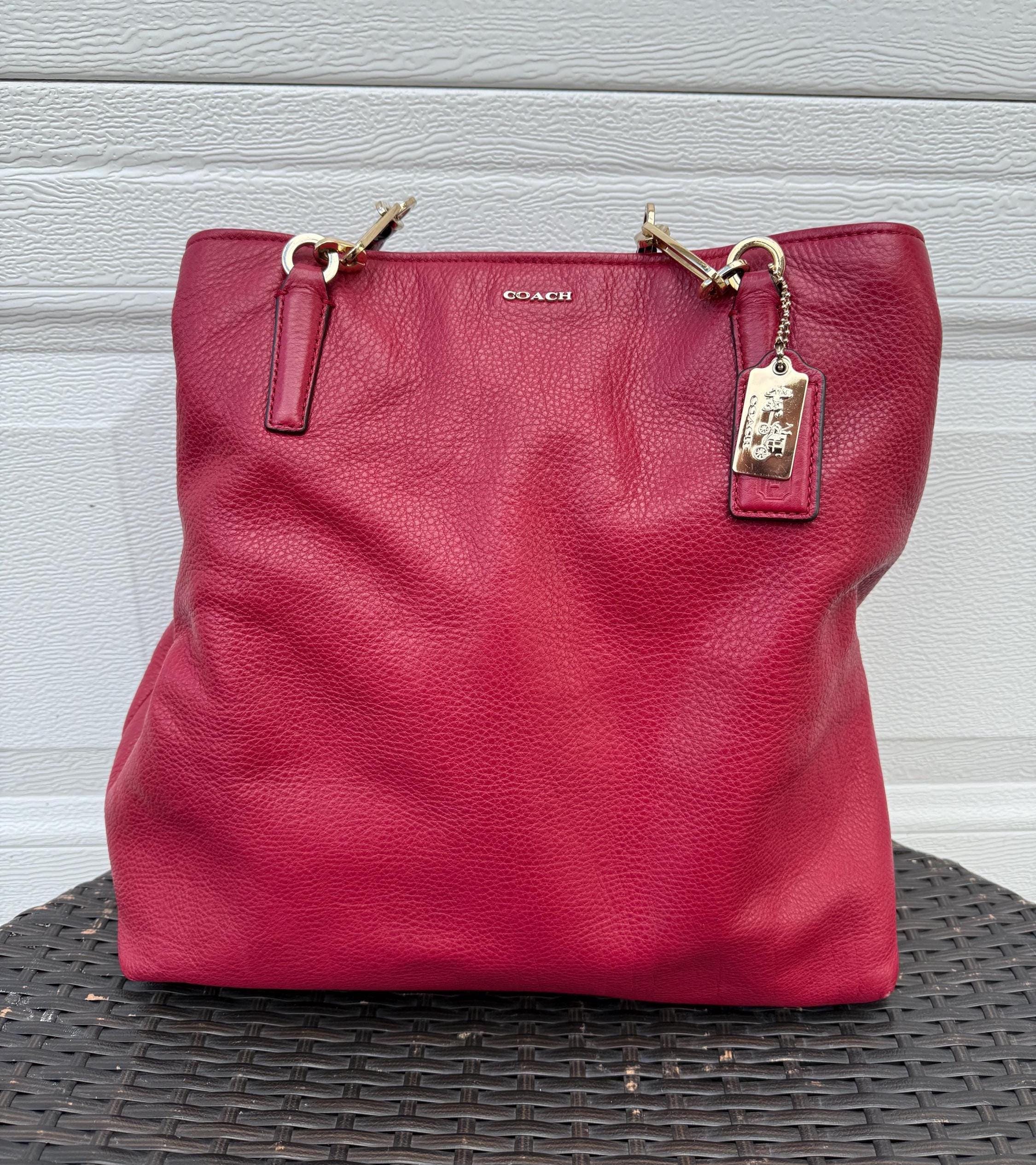 Coach Madison North South Tote Deep Scarlett Red Pebbled Leather