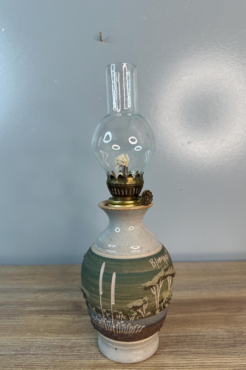 Vintage John Bloomquist Pottery Botanical Oil Lamp Light Kerosine