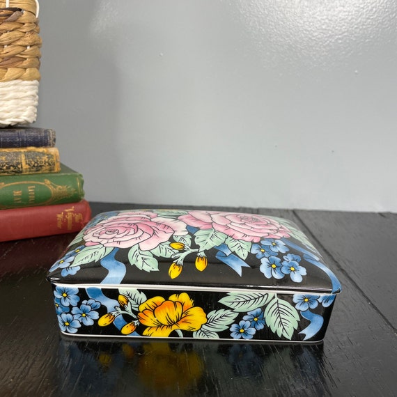 Vintage Ceramic Floral Rainbow Square Black Jewel… - image 5