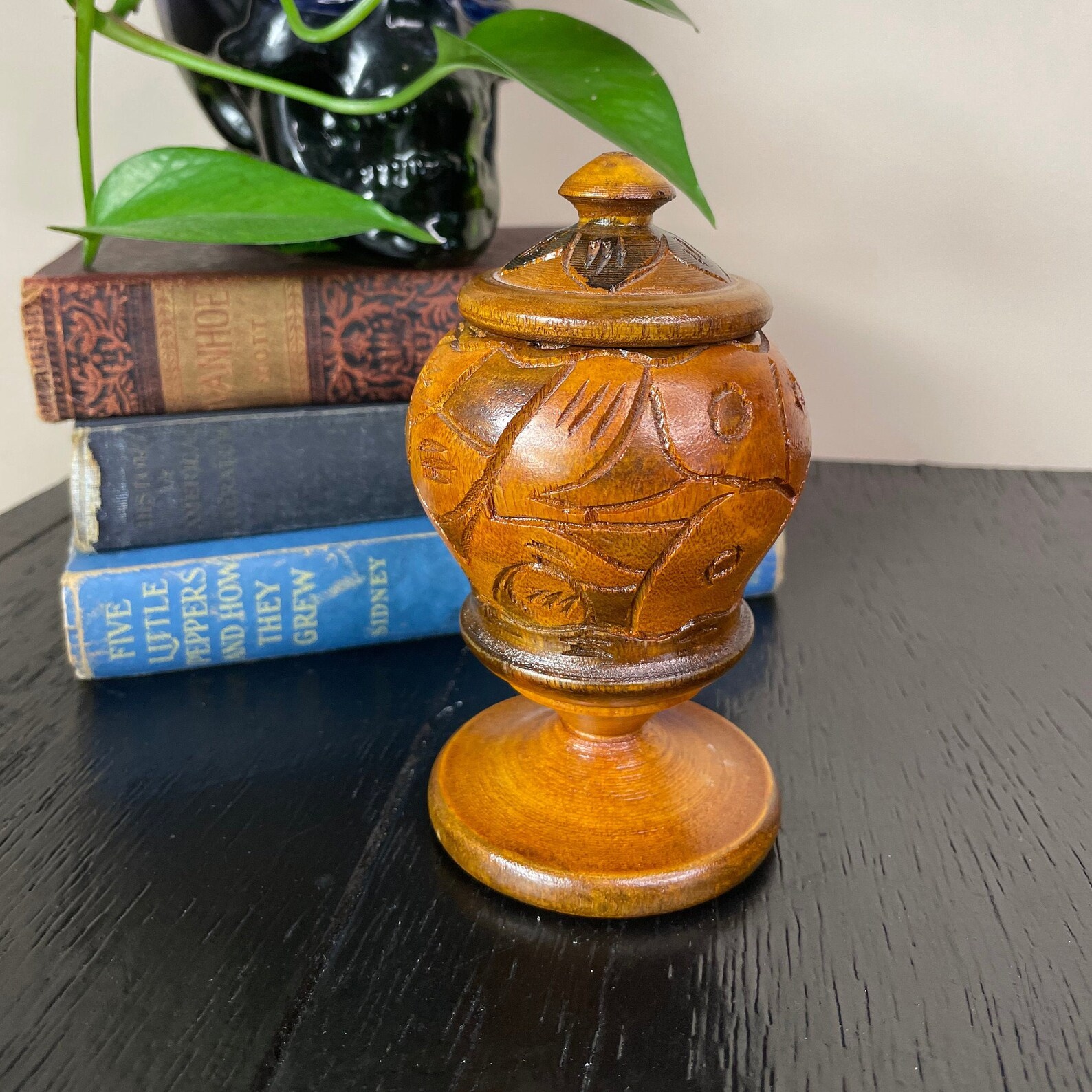 Vintage Lotus Flower Wood Urn Ornate Carved Tooled India Etsy
