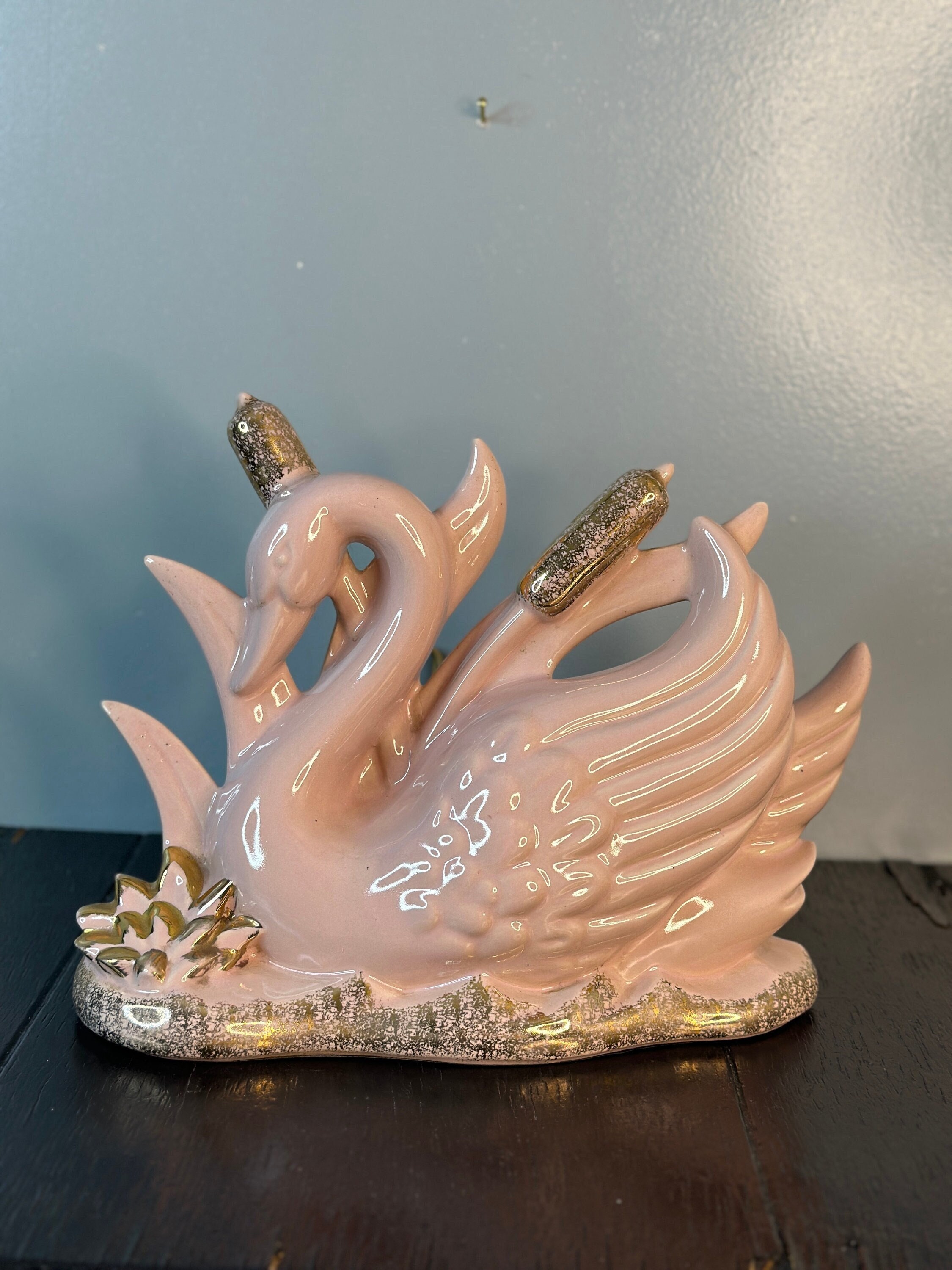 Vintage Atomic Retro Baby Pink Swan Bird Mid Century Metallic Gold