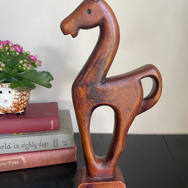 Vintage Donkey Horse Teak Carved Display Décor Retro Knickknack Art Mid Century Kitschy Animal Figurine MCM Wooden Wood Denmark Sculpture