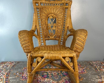 Vintage Wicker Wood Wooden Childrens Rocking Chair Doll Flower Floral India Rattan Display Antique Victorian Rocker Unique