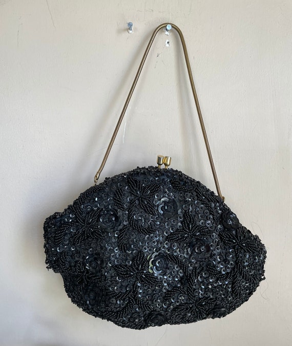 Vintage Clamshell Bag Purse Chain beaded Black Go… - image 3
