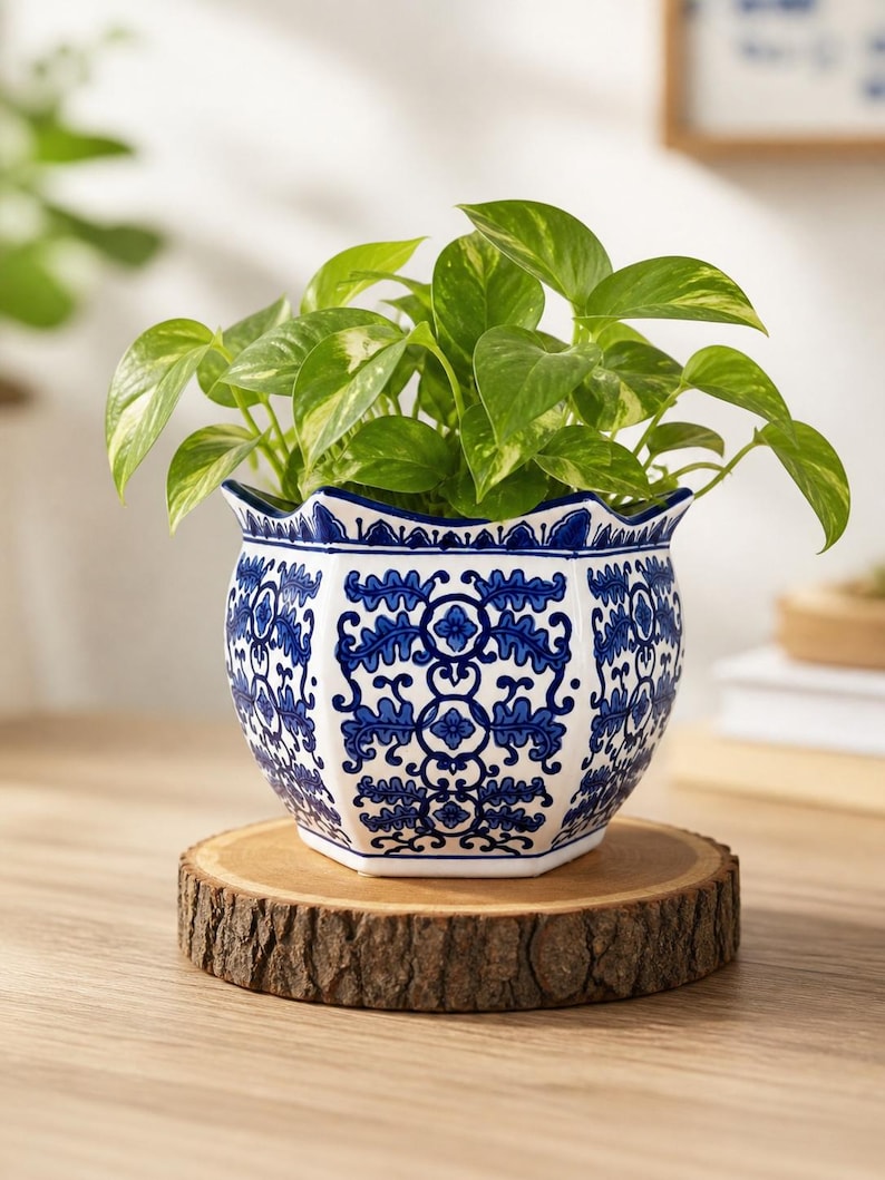 Puede incluir: Una maceta de cer&aacute;mica decorativa con un dise&ntilde;o floral azul y blanco, que contiene una planta verde. La maceta se encuentra sobre un posavasos redondo de madera. La combinaci&oacute;n crea una composici&oacute;n decorativa.
