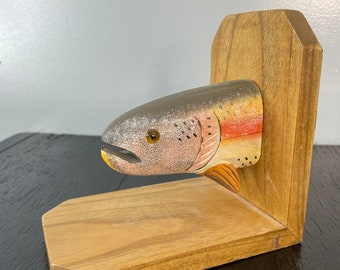 Vintage Rustic Book Ends Detailed Hand Painted Ceramic Trout Fish With  Solid Wood Base Fisherman's Retro Gift 