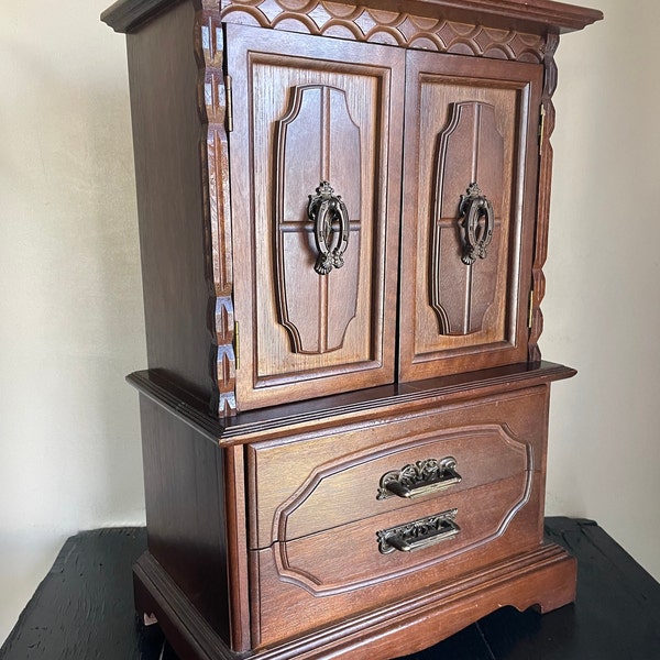 Vintage Wooden Footed Wood Armoire Brass Handles Ornate Trinket Jewelry Box Dresser Cabinet Drawers Yellow Velvet Tall Miniature Antique