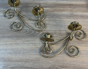 Vintage Set Pair Two Solid Brass Sconce Twisted Metal Candle Holder Wall Sconce Candleholder 90's Home Interiors Candle Stick