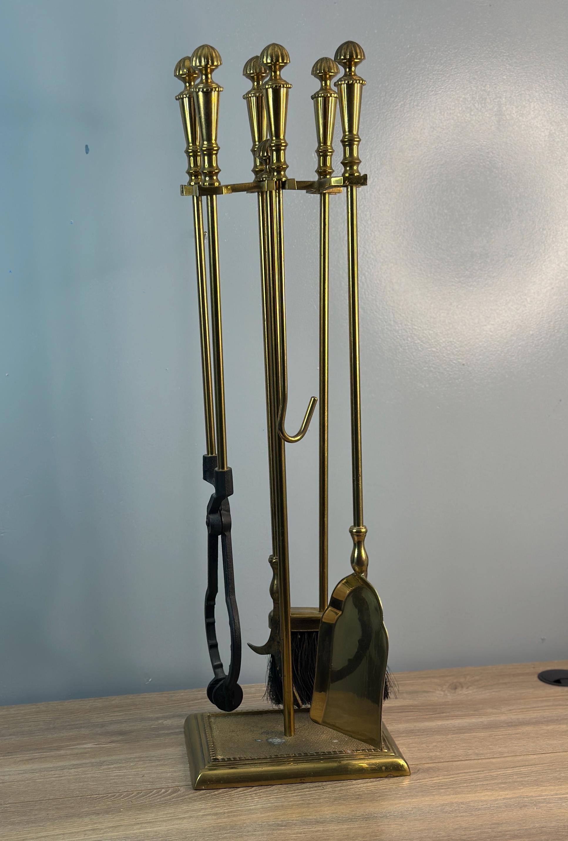 Vintage Crown Hollywood Regency Solid Brass Fireplace Tools Set Firepit